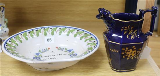 A French faience barbers bowl, 1834 and ironstone jug, 1843